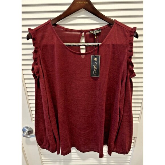 NEW DG2 Diane Gilman Shirt Top Ruffle Cold Shoulder Long Sleeve Size 3X Merlot - Picture 1 of 14